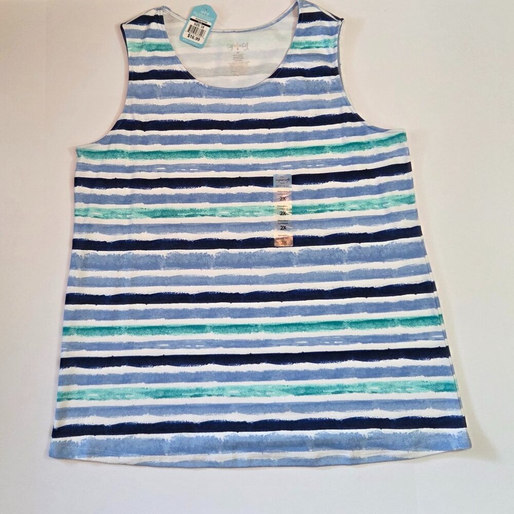 C9 by Champion Supersoft Sleeveless Tank Top, 2X, Blue/Green Stripes, NWT